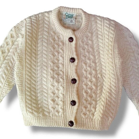 Vintage Carraig Donn Kids Sweater Sz Large Cream Wool Irish Cable Knit Cardigan - Picture 2 of 6